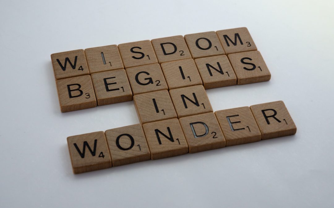 game pieces that form the words of "wisdom begins in wonder"