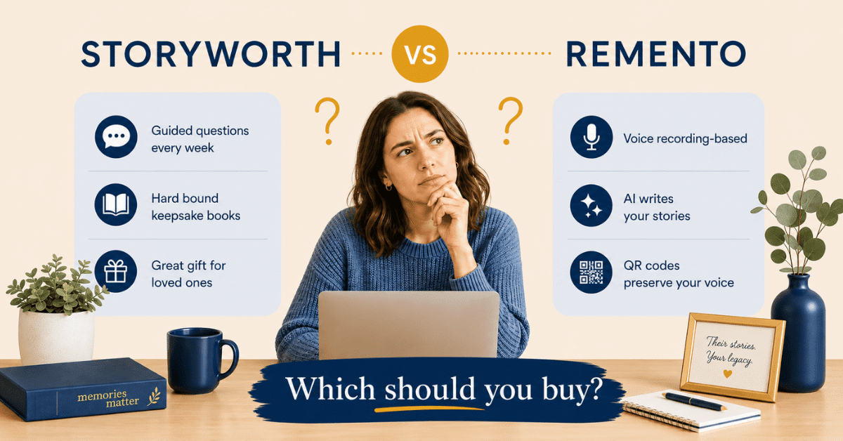 woman trying to decide Storyworth vs. Remento