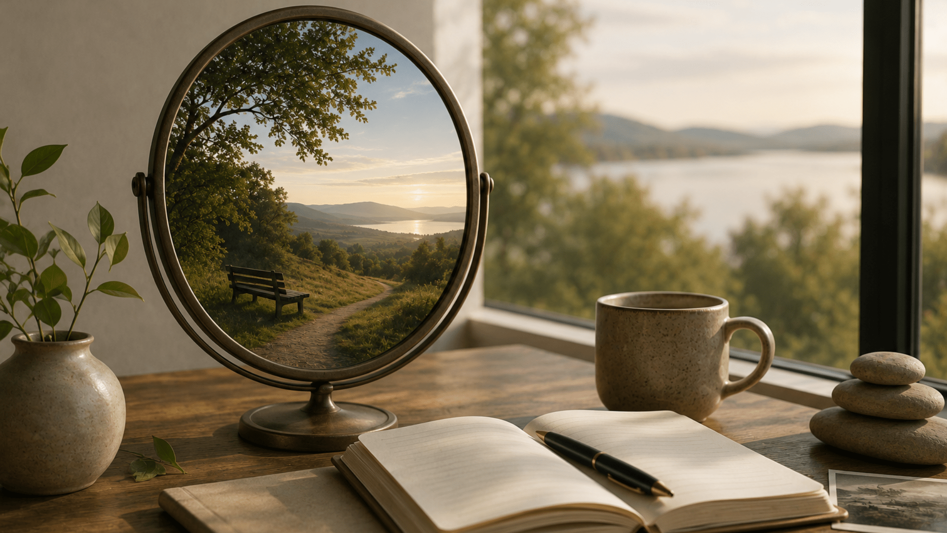 Mirror reflecting a sunset path symbolizing the first step in memoir writing as self-reflection"