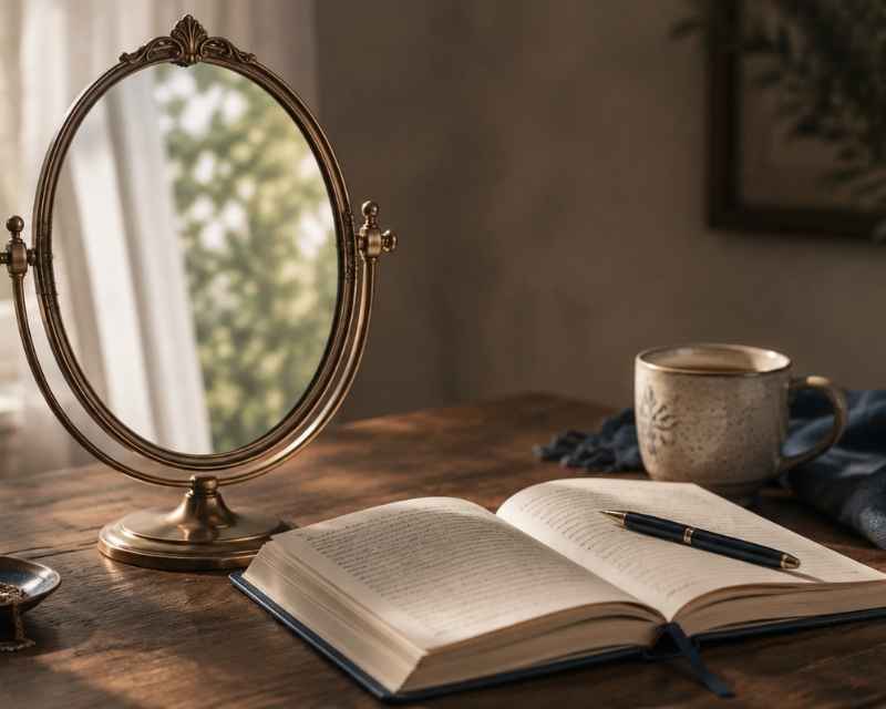 hand mirror and journal representing self reflection and life review